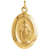 This oval Miraculous Medal features dimensions of 14.75x11 millimeters, approximately 5/8-inch by 3/8-inch.  This medal does not come with a chain, but it does come with an attached bale to fit any chain. 18" Gold Chain sold separately Item #68-4118.