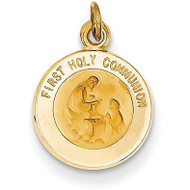 If you are looking for a great keepsake for your child to celebrate and remember their First Communion, this 14K gold pendant is the perfect choice. The beautiful gold pendant is intricately detailed.   This 14K gold pendant includes the words “First Holy Communion” and an image in the center.  The pendant is ¾ inches, making it the perfect size.  This gold pendant makes a perfect gift for your child’s First Communion. Add this gold pendant to your own chain or 14K gold chain sold separately Item #68-4118.