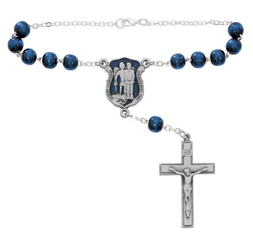 St Michael Auto Rosary with silver oxidesed blue enameled Policeman Centerpiece and silver oxidised Crucifix. 