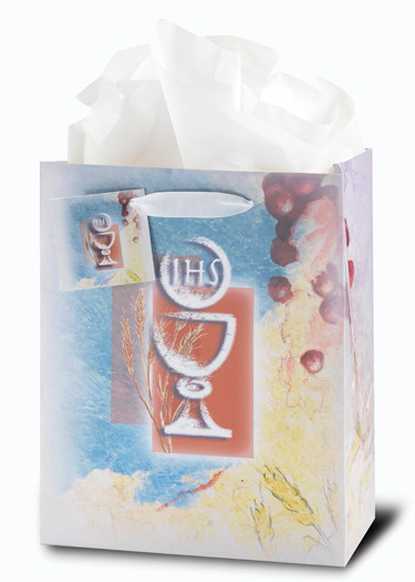 Holy Communion Gift Bags. These glossy gift bags come with tissue paper and a gift card. Dimensions:  Small Bag: 3 3/4" x 5" x 2" or Medium Bag:  7 3/4" X 9 3/4" x 4". Designed in Italy by the Studios of Fratelli Bonella. 