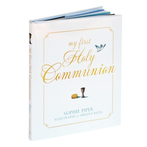 This beautiful keepsake book for First  Holy Communion is designed with a fill-in page to commemorate the child's First Holy Communion, and space for a photo. My First Holy Communion book contains prayers on the themes of praising God, remembering baptism, coming to confession, taking part in Holy Communion, and living a Christian life. In  My First Holy Communion, Sophie Piper provides a treasure of opportunities to gain and appreciate a deeper understanding of the Eucharist.  Poetry and prayer are her tools.  Softly rendered illustrations by Angelo Ruta accompany pieces such as "The Right Path", "Each New Day", and "Faith, Hope and Love".  The 32-page hardcover book measures 5-3/4 inches by 7 inches.  Give this elegantly rendered book as a gift for a first Holy Communion.  Make sure to utilize the First Holy Communion highlights page to personalize this lovely gift.