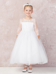  girls lace communion dress with illusion neckline and three-quarter sleeve