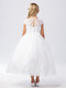 back of girls floral lace design communion dress with illusion neckline 
