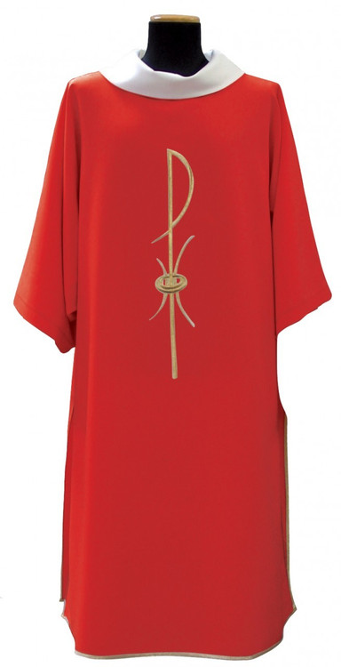 Special! Buy 4 and get 5th FREE~any color combination. Dalmatic & Stole with Chi-Rho Symbol Embroidered. Available in all liturgical colors including: White, Red, Green, Rose & Purple. Please specify color when ordering. Matching Chasubles & Overlays are also available (1205C & 1205OL). These items are imported from Europe. Please supply your Institution’s Federal ID # as to avoid an import tax. Please allow 3-4 weeks for delivery if item is not in stock

 
