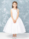 This satin communion dress is ankle length and has lace applique. 3 Dress Limit per Order.