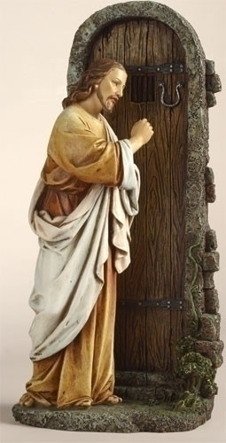 Jesus Knocking at the Door 12in Statue. Materials: Resin/Stone Mix. Dimensions: 11.75"H x 5.75"W x 3.5"D