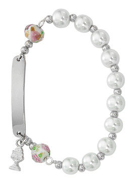 This communion I.D. rosary bracelet has white pearls and flower beads. Bracelet has chalice charm attached. This rosary bracelet can be engraved.  Please allow 1 week for engraving. No more than 12 letters! Made in the USA