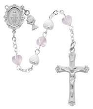 This Communion Rosary has a rhodium miraculous medal center with a tiny rhodium chalice attached to it and a rhodium crucifix. Includes a white leatherette gift box. 