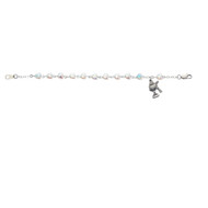 Child's First Communion 6x6mm aurora crystal beads bracelet with a rhodium crucifix and chalice charm. The bracelet measures 6.5" and comes in a white leatherette box.