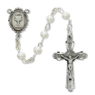 This 18 1/2" long Communion Rosary has 5mm white pearl beads, a rhodium chalice center and crucifix. Rosary comes in a  gift box. 