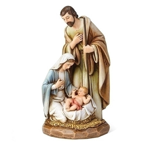 8" Wood carved look of the Holy Family Figure. Dimensions: 7.88"H x 4.25"W x 4"D. Figure is made of a resin.