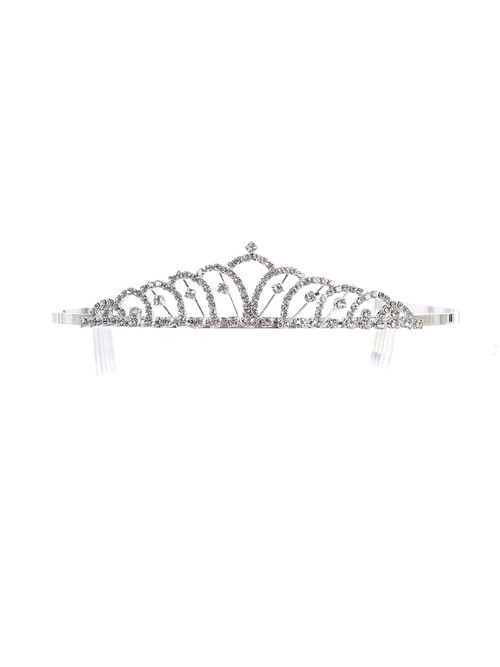 The 1 1/2" high silver crown features sparkling clear rhinestones. A beautiful addition to any communion dress!