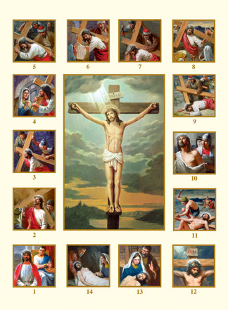 Large size Stations of the Cross Holy Cards. Cards measure 4.5" x 6 1/8". The stations are in text on the back  of the Holy Card in English or Spanish