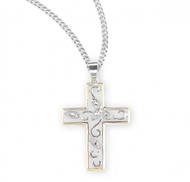 Crystal Cubic Zircon Sterling Silver Two Tone Vine Cross.    18" Genuine rhodium plated curb chain.  Made in USA.  Deluxe velvet gift box.
