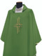 Green Chasuble with plain neckline in Primavera fabric (100% polyester) with embroidered cross in front only. Inside stole included.  Chasuble: Width 62 1/2" x Height 51". Available in all liturgical colors. 