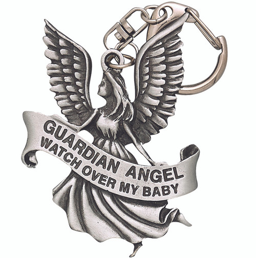 Guardian Angel Lead Free Clip on Baby Stroller Medal With Prayer. Medal attaches to a stroller, crib, cradle or car seat. Written on medal: "Guardian Angel, Watch Over My Baby"