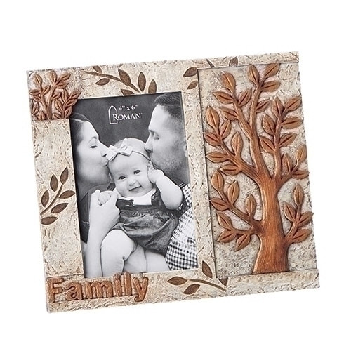 7.25" Tree of Life Family Frame. Tree of Life Family frame that holds a 4" x 6" picture. Frame is in copper and ivory tones. The Tree of Life frame is  made of a resin/stone mix
