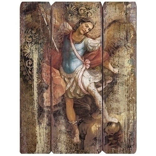 This beautiful 15"H three panel plaque of St. Michael is made of medium density fiberboard. The St. Michael Plaque measures 15"H x 12"W x 2.2"D. 