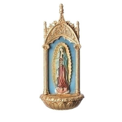 11.5" Our Lady of Guadalupe Holy Water Font. This 11.5" Our Lady of Guadalupe Holy Water Font stands 11.5" tall. The OL of Guadalupe Holy Water Font is made of a dolomite resin material. 