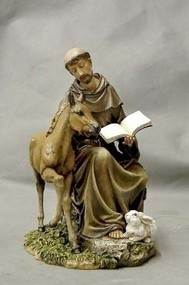 Saint Francis with Horse, Rabbit, and Book Statue. Patron Saint of Animals & Ecology. Dimensions: 8.5"H X 5.25"W X 5.75"D. Materials: Resin/Stone Mix
