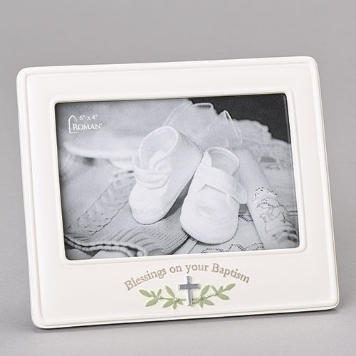 Blessings on Your Baptism 6"H Picture Frame! This blessings picture frame measures 6" in height. The blessings baptism frame holds a 4"X 6" picture. The picture frame is made of a resin/stone mix. 
Blessings on your Baptism is written across the bottom of the frame. 