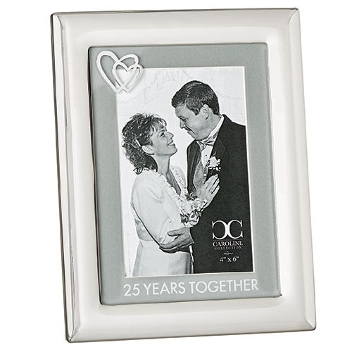 From the Caroline Collection comes this 25 Years Together Wedding Anniversary frame. This zinc alloy 25 year anniversary picture frame hold a 4" x 6" photo and is 8 1/2" in height. Lead Free