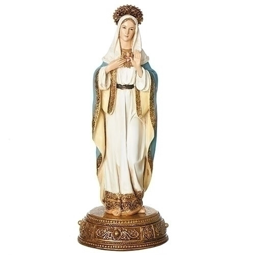 Immaculate Heart of Mary Statue.  Contains scroll in drawer of the statue's base with prayer to Saint: " O Immaculate Heart of Mary, full of goodness, show your love towards us..." Dimensions:  10.38"H x 3.88"W x 3.88"D.  Resin/Stone Mix
