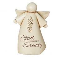 4" Serenity Angel.  This 4" Serenity Angel has the words "God Grant Me the Serenity". There are decorative  leaves above the wording.  The 4" Serenity Angel is made of a resin/stone mix.