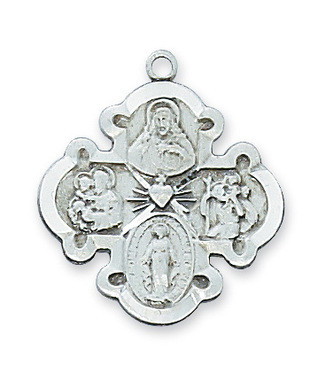 Sterling Silver 1" 4-Way Medal. 20" Rhodium Plated Continuous Chain. Deluxe Gift Box Included