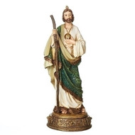 Resin/Stone Mix Figure of Saint Jude situated on base. Patron Saint of the Hopeless. Dimensions: 10.75"H x 4.5"W x 3.88"D. Drawer at base opens and contains scroll with prayer that reads: "O, Glorious Apostle St. Jude true relative of Jesus and Mary, I salute you...