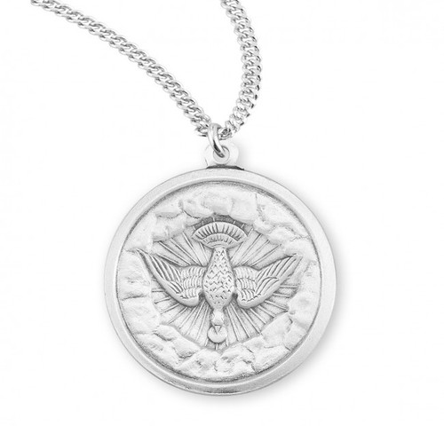 Round Sterling Silver Holy Spirit Medal. Holy Spirit Medal is a Solid .925 Sterling Silver. Holy Spirit Medal comes on a 20" genuine rhodium plated curb chain in a deluxe velour gift box. Dimensions: 1.0" x 0.9" (25mm x 22mm). Made in the USA