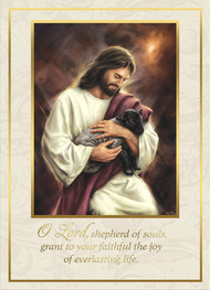 Jesus Our Shepherd Deceased Mass Cards 
4 7/8" x 6 3/4"
50 per box (Gold Foil)
Inside Verse:
The Holy Sacrifice of the Mass
will be offered for the repose
of the soul of ________
Rev_______(bottom)
Cross (graphic)
With the sympathy of _________ (top)
For Church Use Only