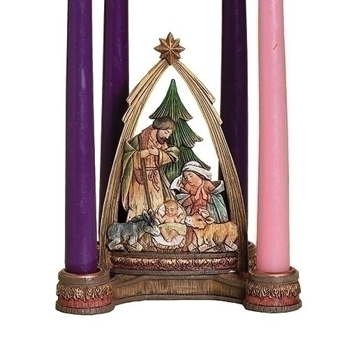 This Unique Advent Wreath allows you to celebrate Advent while also displaying the Nativity Scene. Wreath has room for each of the four weekly candles of Advent. The Holy Family is featured and presented under an arch, reminiscent of the stable, in the center of the wreath. Perfect for smaller spaces or as a tabletop centerpiece as it presents the two events in one artistic piece. Wreath is constructed of durable, attractive resin. 6.25"H  x 5.75"W x 4.125"D. Candles not included....to order see item ~ #101610

 !