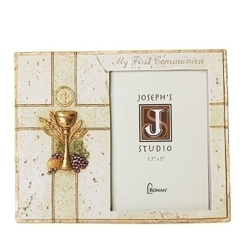 My First Holy Communion Picture Frame. My First Holy Communion picture frame is made of a resin/stone blend. The picture frame measures 7.5"H x 7.38"W x 0.5"D. Gift Boxed. Matching wall cross and keepsake rosary box are also available. 