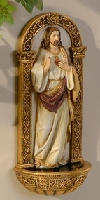 7.5" Sacred Heart of Jesus Font. Resin/Stone Mix. Dimensions: 7.125"H x 3.125"W x 2"D