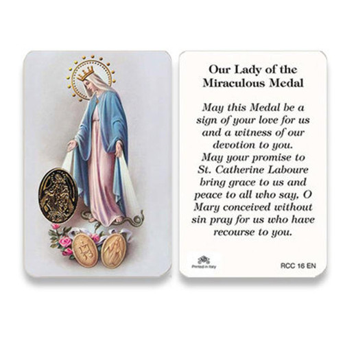 Our Lady of the Miraculous Medal with gold foil embossed medal.  This beautiful, laminated wallet size card measures 2 3/8" x 3 1/2",  Our Lady of the Miraculous Medal holy card, with a embossed gold foil medal on the front of the card, shows an image of Mary, grace radiating from her hands.  On the back of the card is printed the Prayer to Our Lady of the Miraculous Medal. Artwork from Milan, Italy.

 
