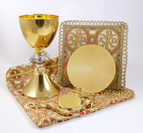 Limited Edition  6 Piece Set!
24K Gold with Silver ChiRho Node Set comes with Chalice and Paten, Pall, Pyx and Burse. Bag to carry all items. Please see close up pictures