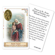 Prayer to St. Anne Holy Card. Patron Saint of Mothers.  This beautiful patron saint card is laminated with gold foil embossed medal design with appropriate prayer on reverse side. Prayer card is made in Milan, Italy.  Measures: 2 3/8 x 3 1/2”.