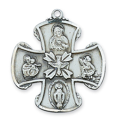 Sterling Silver 1" 4-Way Sacred Heart Holy Spirit Medal. Medal comes on a 24" rhodium plated chain. Deluxe gift box included. Made in the USA!
