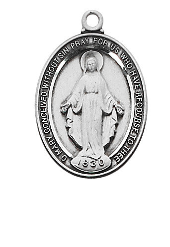 1" Sterling Silver Miraculous Medal. Medal comes on an 18" rhodium chain and a deluxe gift box is included.

