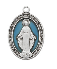 1" Sterling Silver Blue Miraculous Medal. Medal comes on an 18" rhodium chain and a deluxe gift box is included.