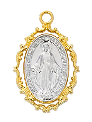 1" Two tone Gold over Sterling Silver Miraculous Medal. Medal comes on an 18" rhodium chain and a deluxe gift box is included.