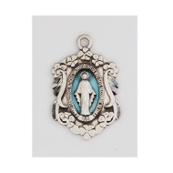 14/16" ornate Sterling silver with blue epoxy Miraculous Medal. Medal comes with an 18 inch rhodium plated chain in a deluxe gift box. Made in the USA.