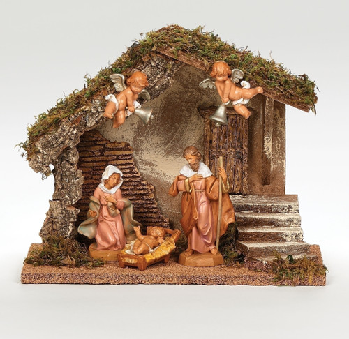 Fontanini Polymer 5" Scale Wedding Creche. This 5 Piece Fontanini Nativity comes with a Stable made of wood,moss, bark and polymer. USB cord for LED lights in stable. Measurements are: 9.5"H X 12.25"W X 6.75"D