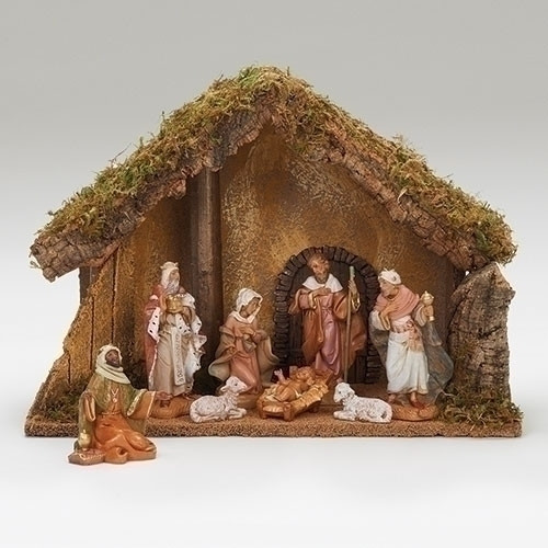 Fontanini Nativity 8 Piece, 5in Scale Nativity. This 8 Piece Fontanini Nativity comes with an Italian Stable made of wood,moss, bark and polymer. Stable measurements are: 11.22"H X 15.75"W X 7.85
