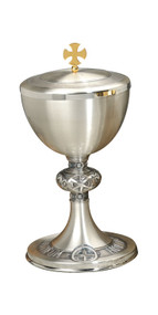 Ciborium is Silver Plate with HOCEST ENIM CORPUS MEUM design along base. ciborium holds 160 hosts based on 1 3/8" host size. Ciborium stands 9.5"H. Made in the USA. Matching Chalice C-1140.