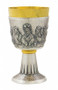 Two tone 24K gold place chalice has the Last Supper embossing around cup. The Last supper chalice comes with a scale paten. Measurements are  6.75"H and has an 8.5 ounce capacity.