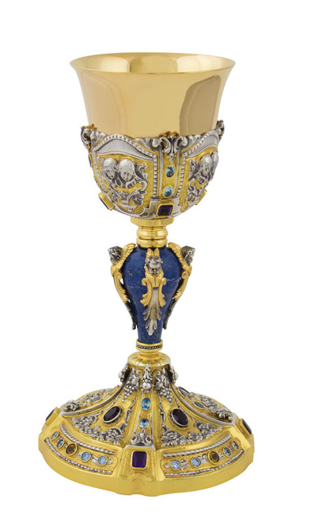 Chalice with Amethyst Stones, All Sterling Silver with 24kt Gold Plate, 10.5" high, 12 ounce capacity. Made in Italy. Includes chalice carrying case.
