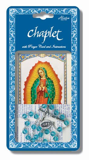Our Lady of Guadalupe Deluxe Chaplet with blue glass beads. Packaged with a Laminated Holy Card & Instruction Pamphlet. (Overall 6.5” x 3.5”)