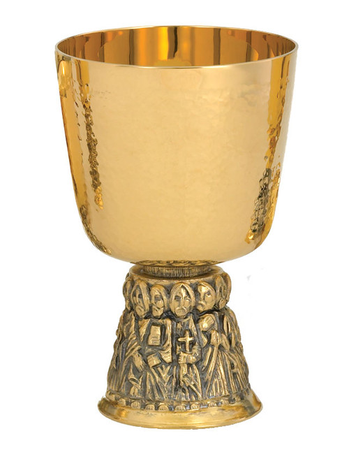 Chalice with Apostle Relief Base and Paten. A-2400.  6" tall, 16 oz capacity with a 6-1/8" bowl paten. Hammered finish
